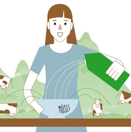 Frau schenkt sich Milch in eine Müslischale ein