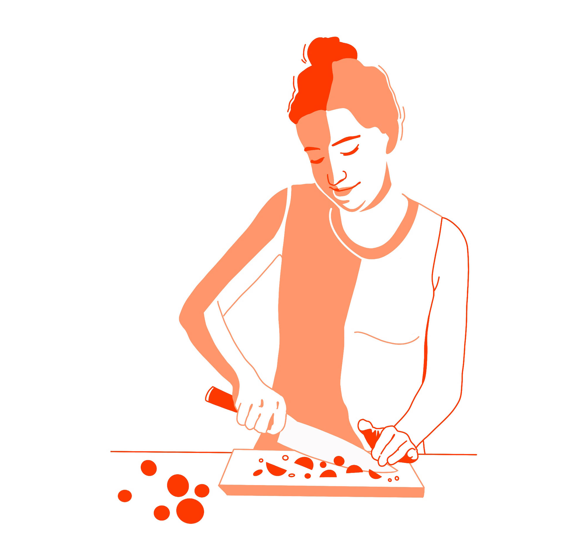 Eine Frau schneidet Gemüse mit einem Messer auf einem Schneidebrett
