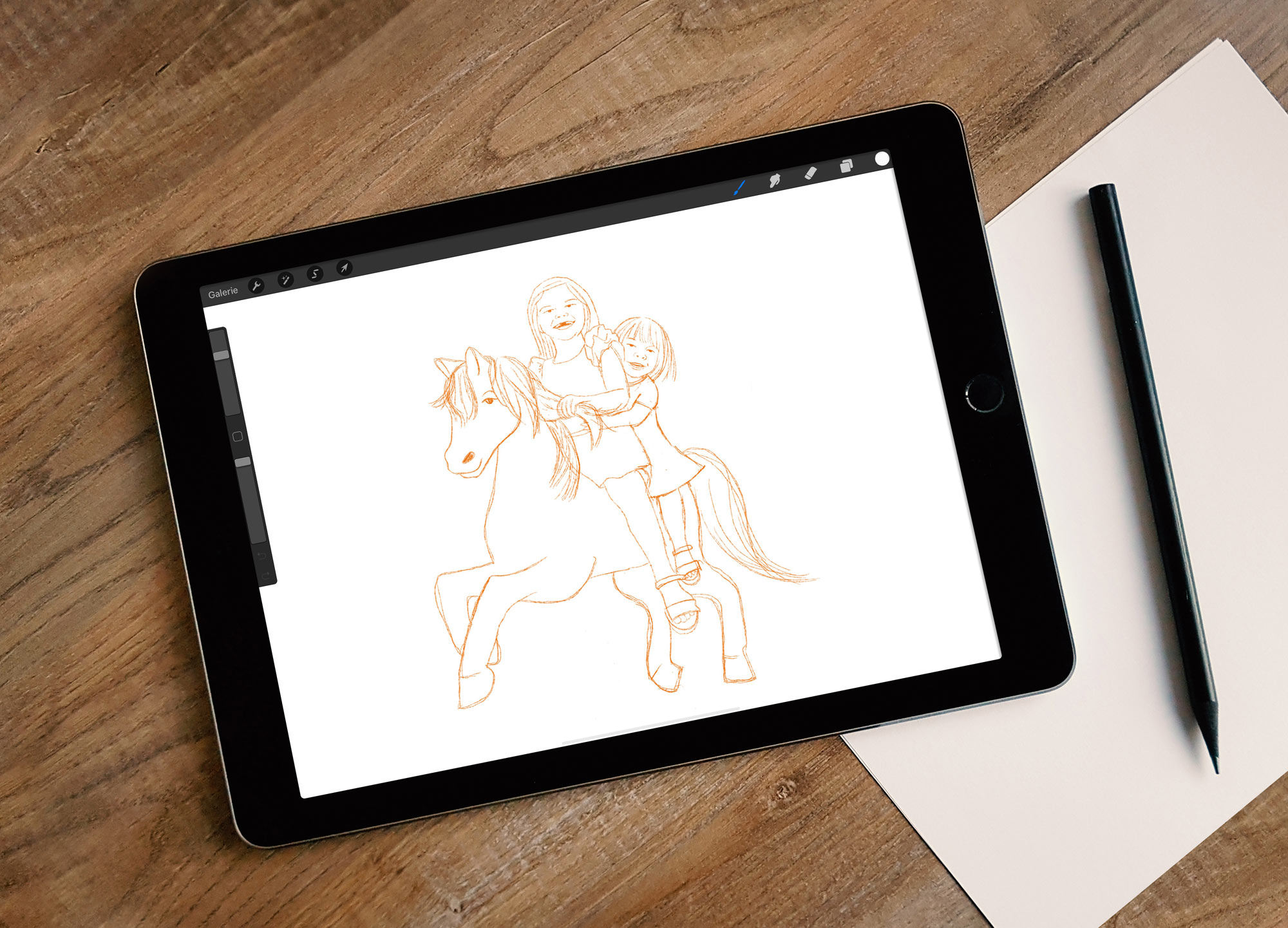 Die Zeichnung zweier Kinder auf einem Pferd reitend