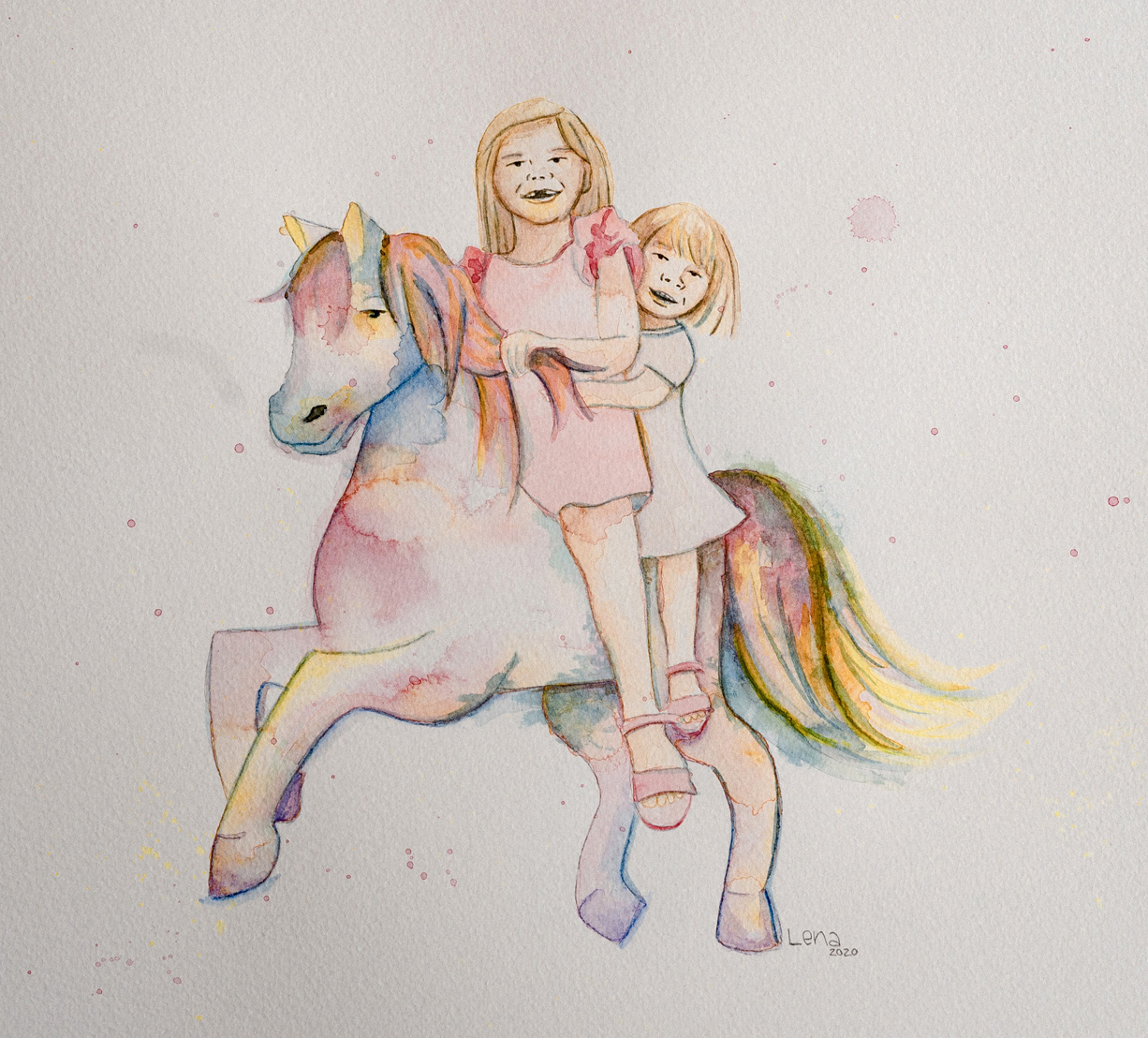 Aquarellbild, das zwei Kinder zeigt, die auf einem bunten Pferd reten.