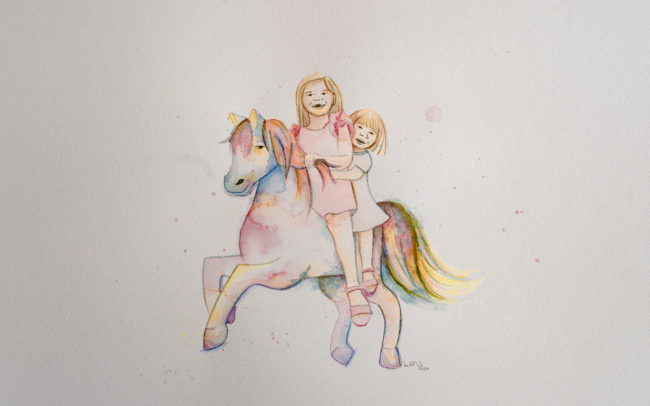 Aquarellbild, das zwei Kinder zeigt, die auf einem bunten Pferd reten.